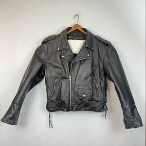 Mens Vintage First Genuine Leather Motorcycle Jacket Side Lace Buckle Zip Sleeve